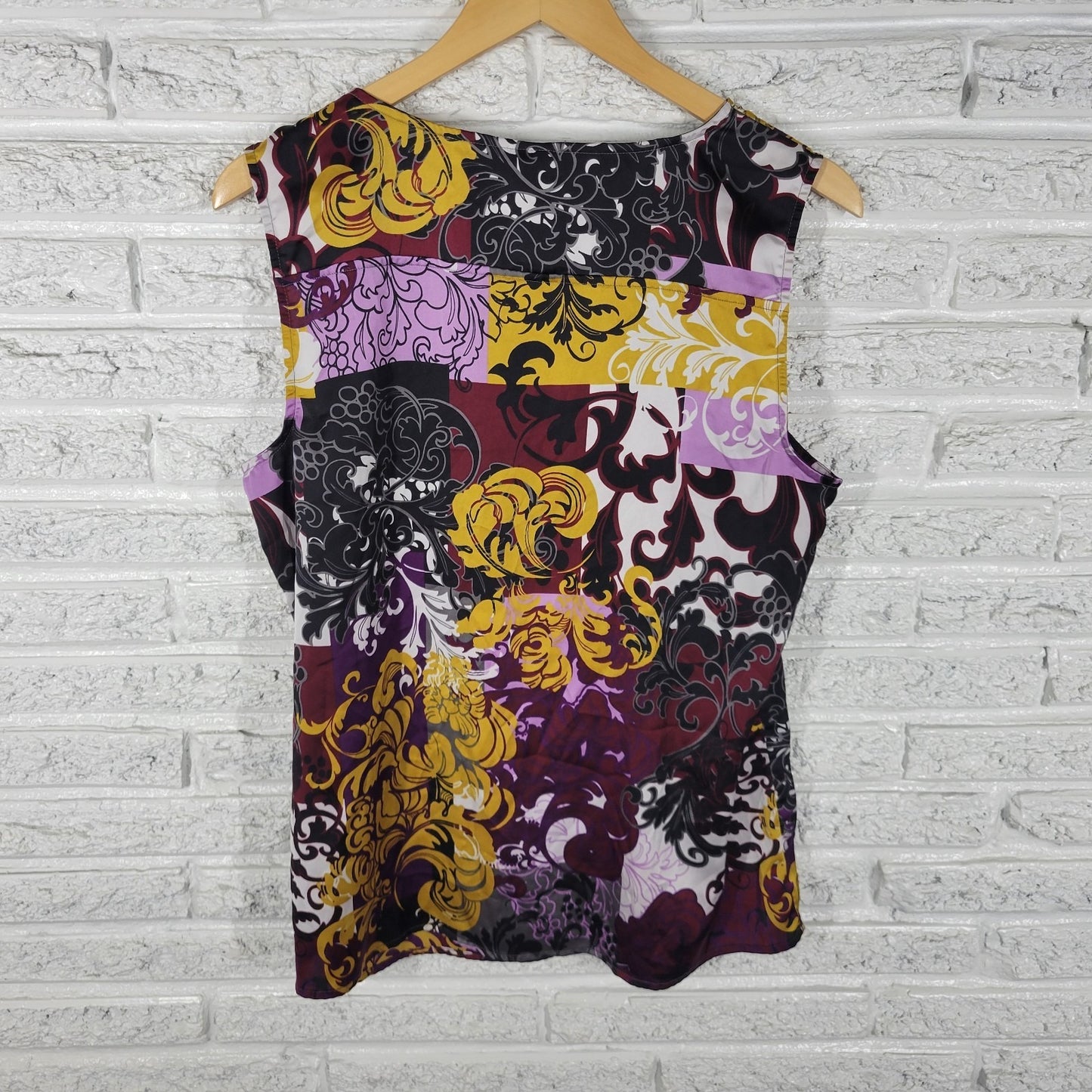 212 Collection Womens Top XL Tank Purple Gold Floral Poly Blend Pleated Neck