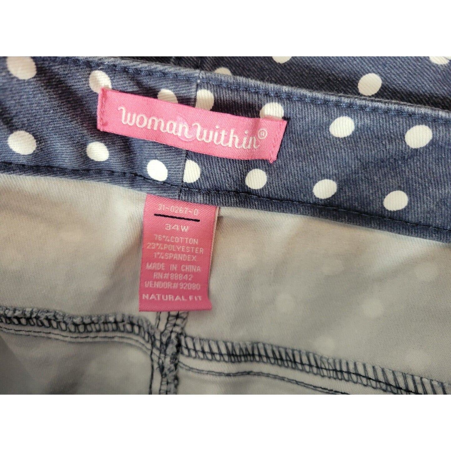 Woman Within Womens Jeans 34W Plus Capri Blue Denim  Polka Dot Zip Cotton Blend