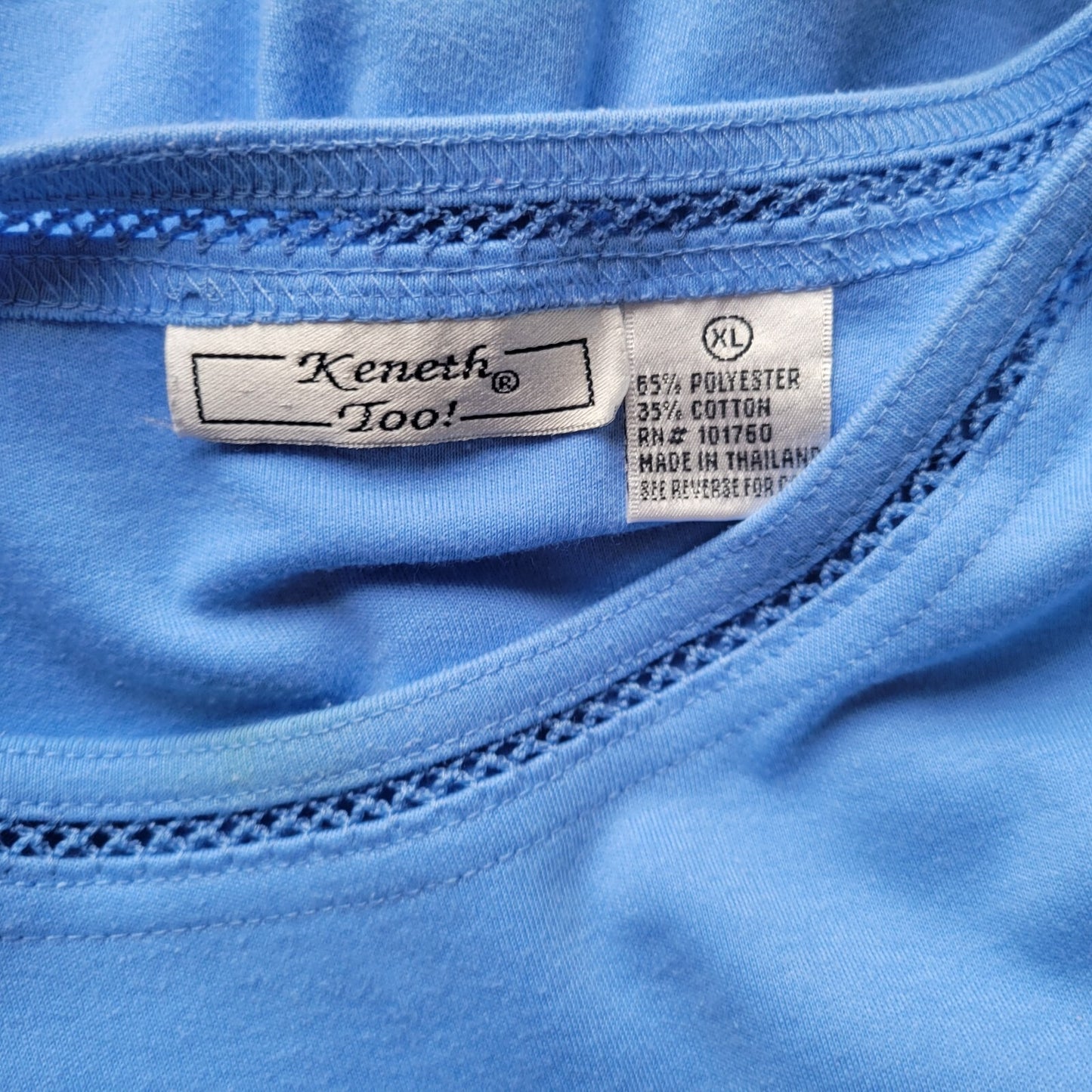 Keneth Too Womens Top Extra Large Tee XL Short Sleeve Blue Crochet Embroidered