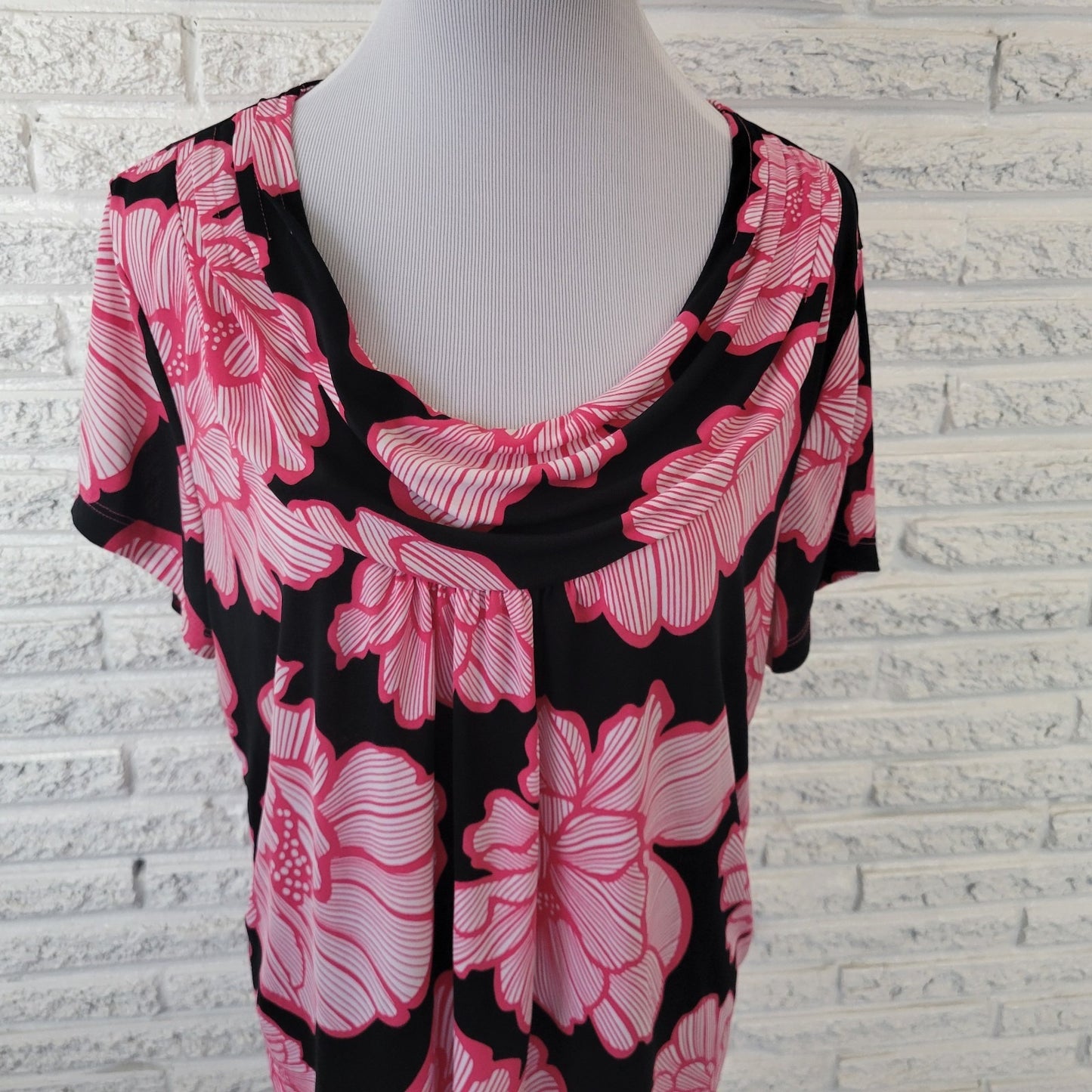 Rafaella Womens Top Extra Large XL Tee Pink Floral Draped Neck Poly Blend Casual