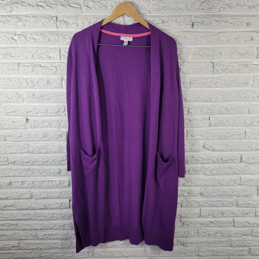 Isaac Mizrahi Live QVC Womens Sweater 1X Plus Cardigan Open Purple Pockets