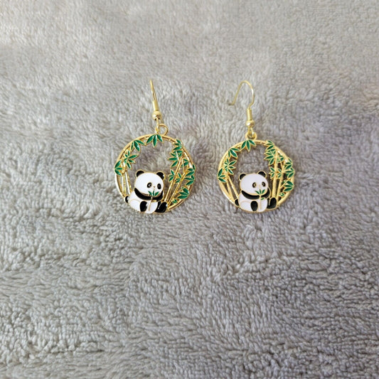 Panda Bear Earrings One Pair Gold Tone Hanging Dangle Fish Hook Novelty