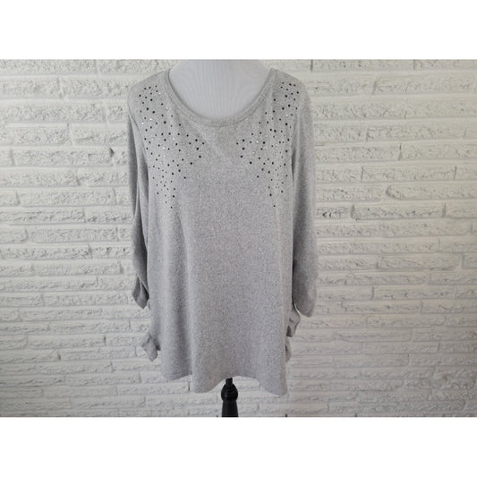 Terra Sky Womens Top 1X 16W 18W Plus Ruched Sleeve Rhinestone Ruffles Gray