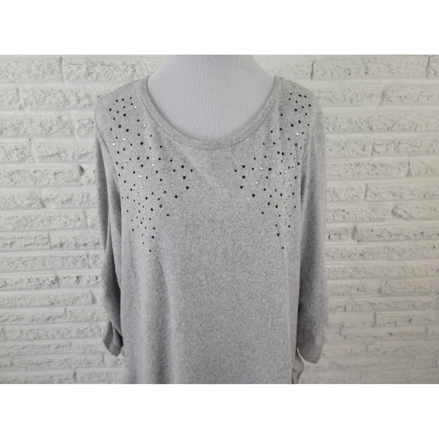 Terra Sky Womens Top 1X 16W 18W Plus Ruched Sleeve Rhinestone Ruffles Gray