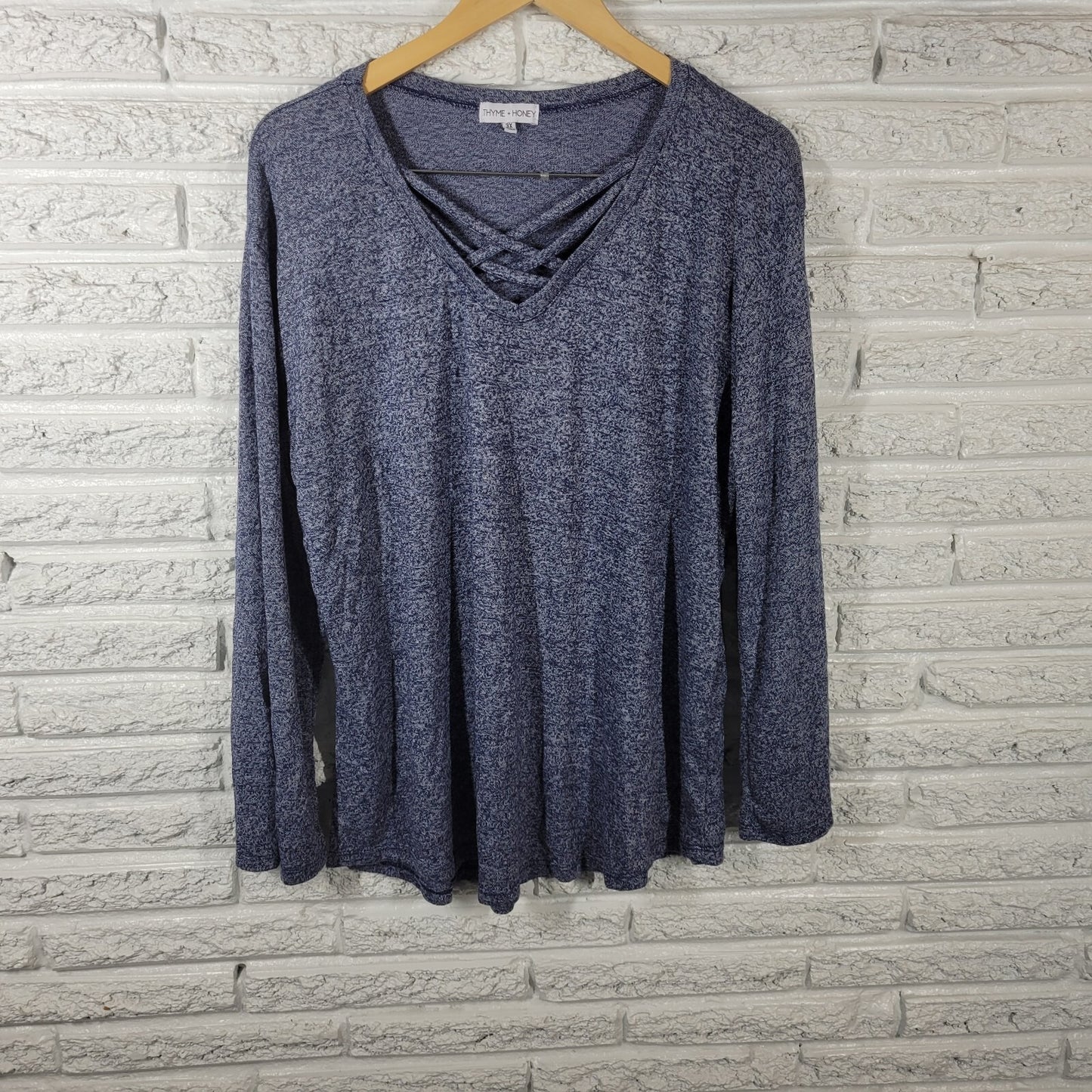 Thyme Honey Women Top 3X Plus Knit Blue Heather Lightweight Keyhole Soft Comfy