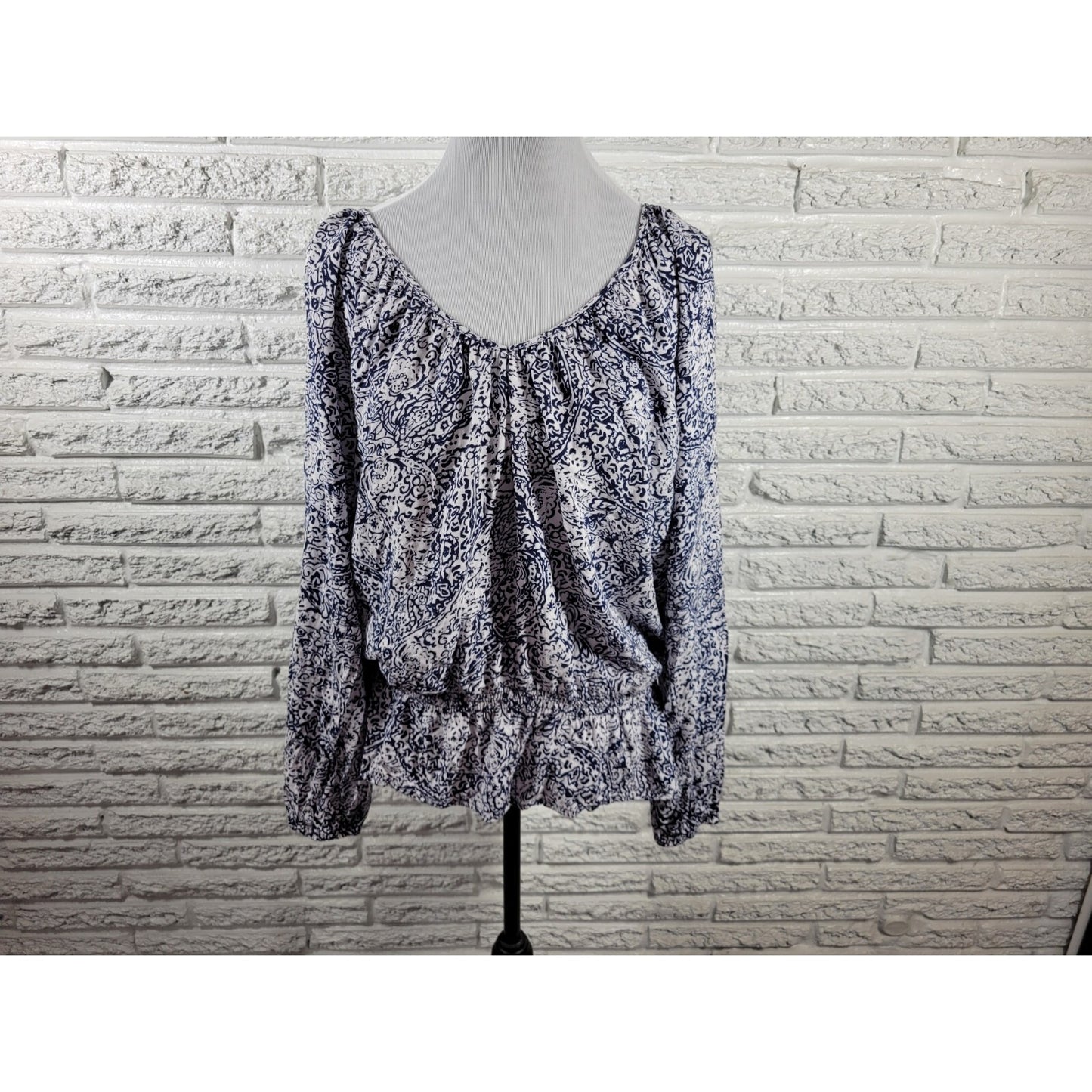 Faded Glory Women Top XXL 20 Plus Long Sleeve Peplum Blue Floral Lightweight