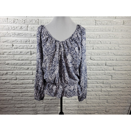 Faded Glory Women Top XXL 20 Plus Long Sleeve Peplum Blue Floral Lightweight