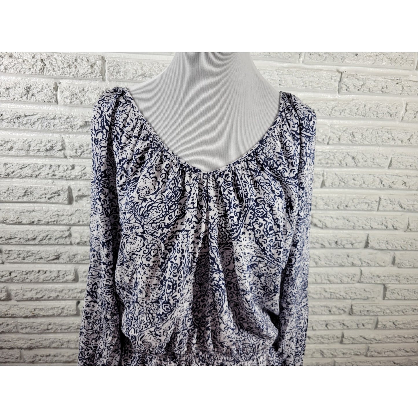 Faded Glory Women Top XXL 20 Plus Long Sleeve Peplum Blue Floral Lightweight