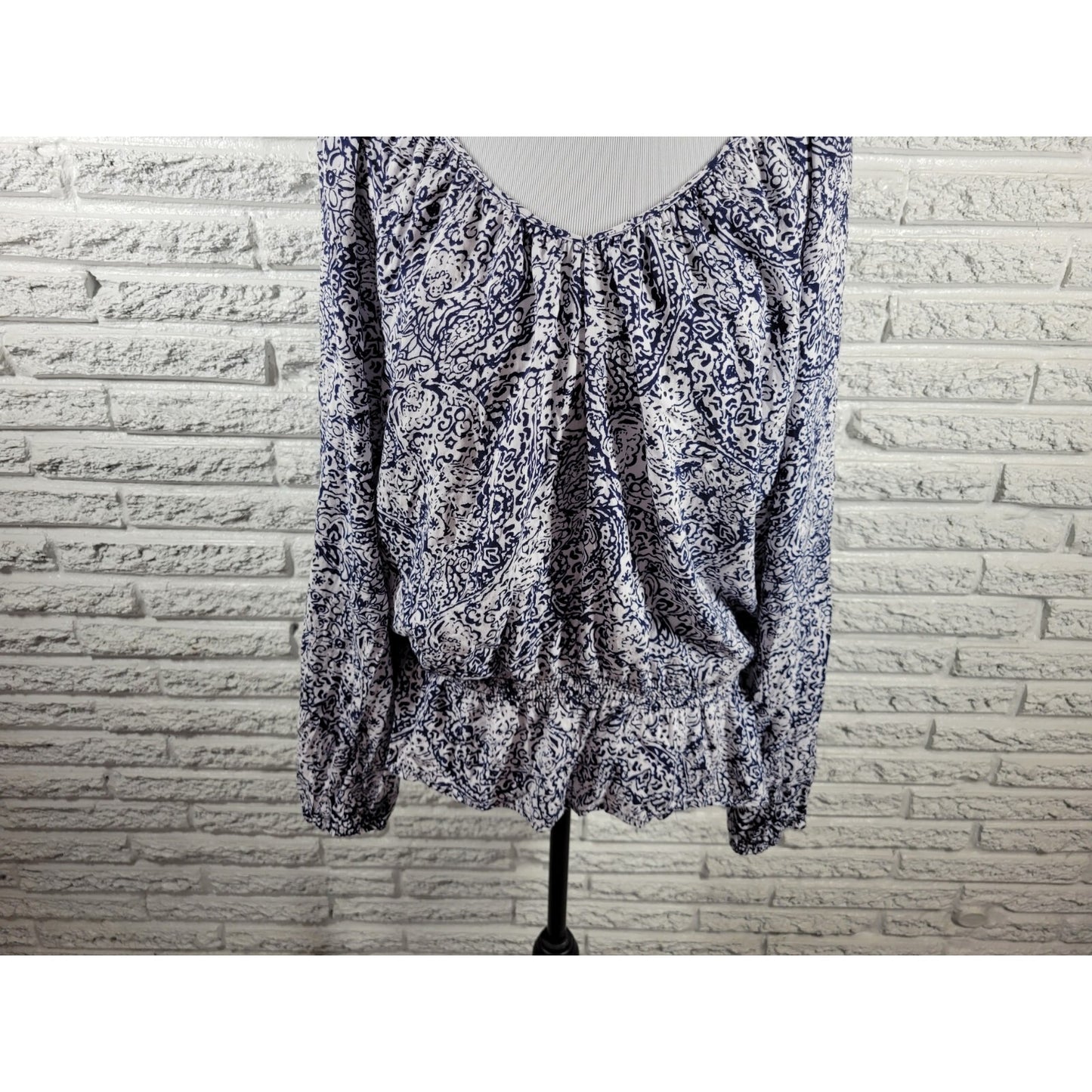 Faded Glory Women Top XXL 20 Plus Long Sleeve Peplum Blue Floral Lightweight