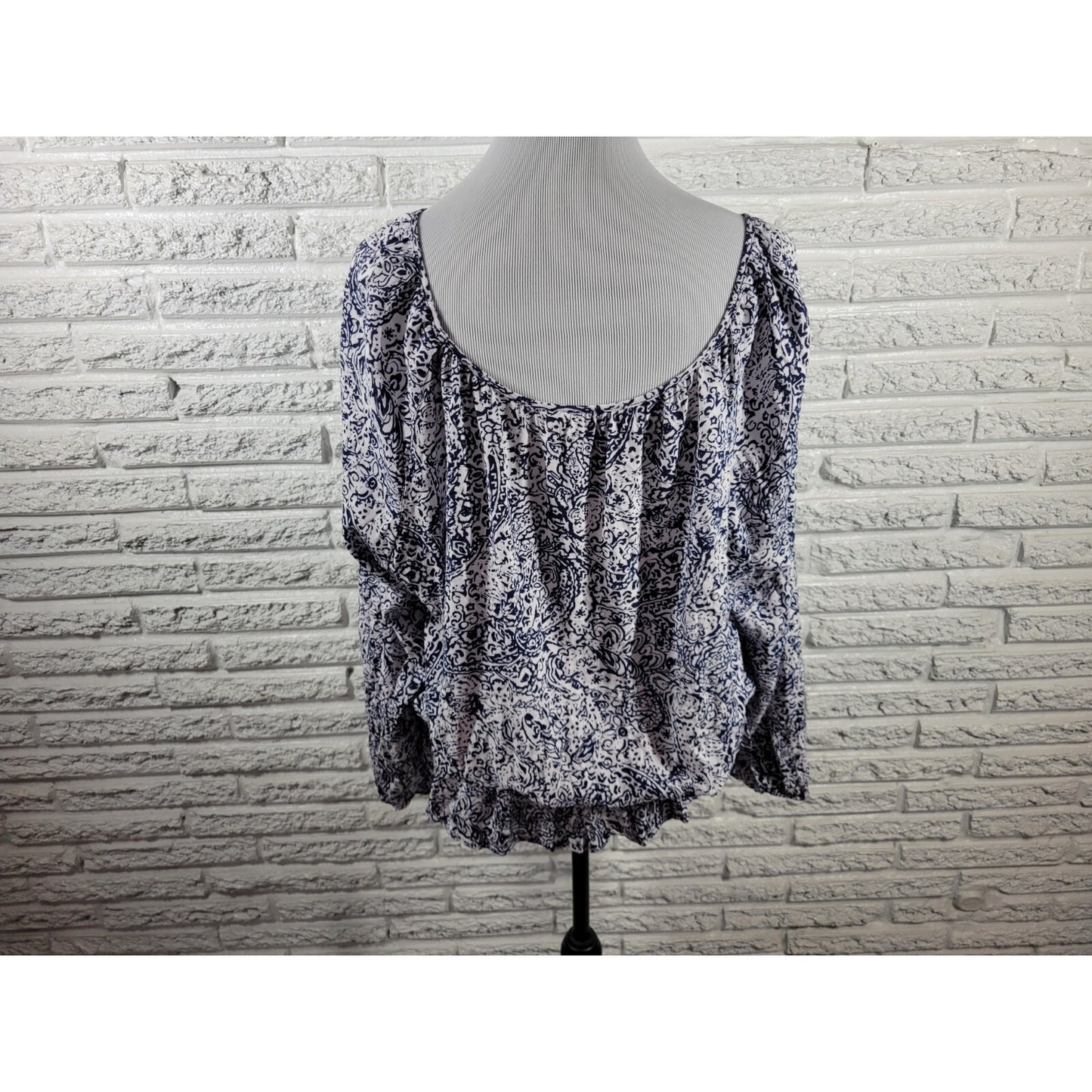 Faded Glory Women Top XXL 20 Plus Long Sleeve Peplum Blue Floral Lightweight