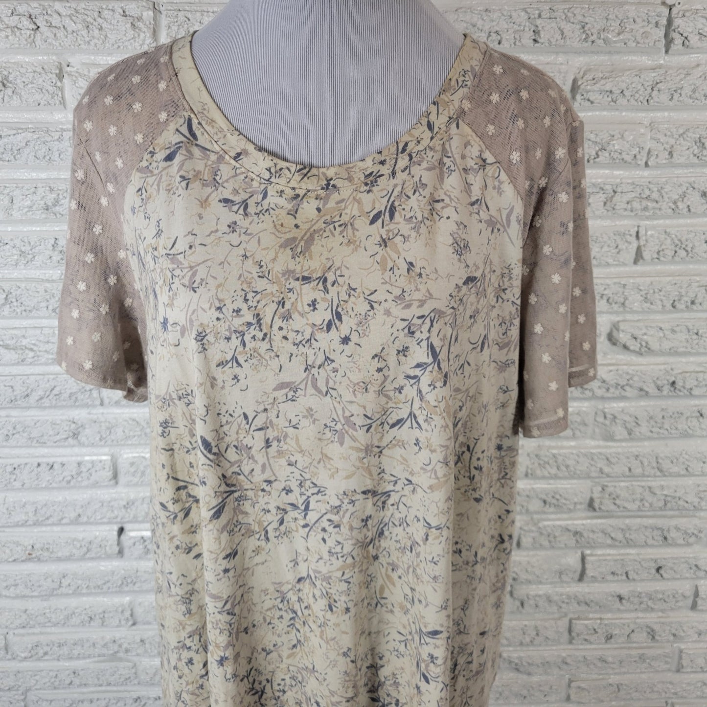 LOGO Lori Goldstein QVC Womens Top 1X Plus Tunic Mesh Beige Floral Embroidered