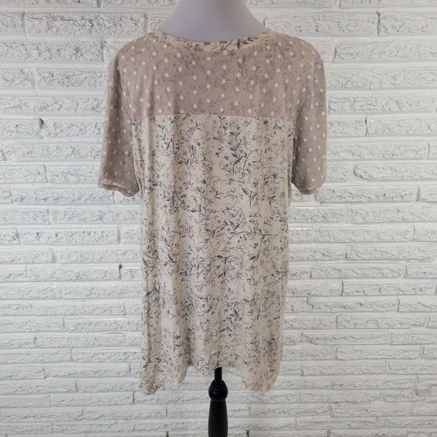 LOGO Lori Goldstein QVC Womens Top 1X Plus Tunic Mesh Beige Floral Embroidered