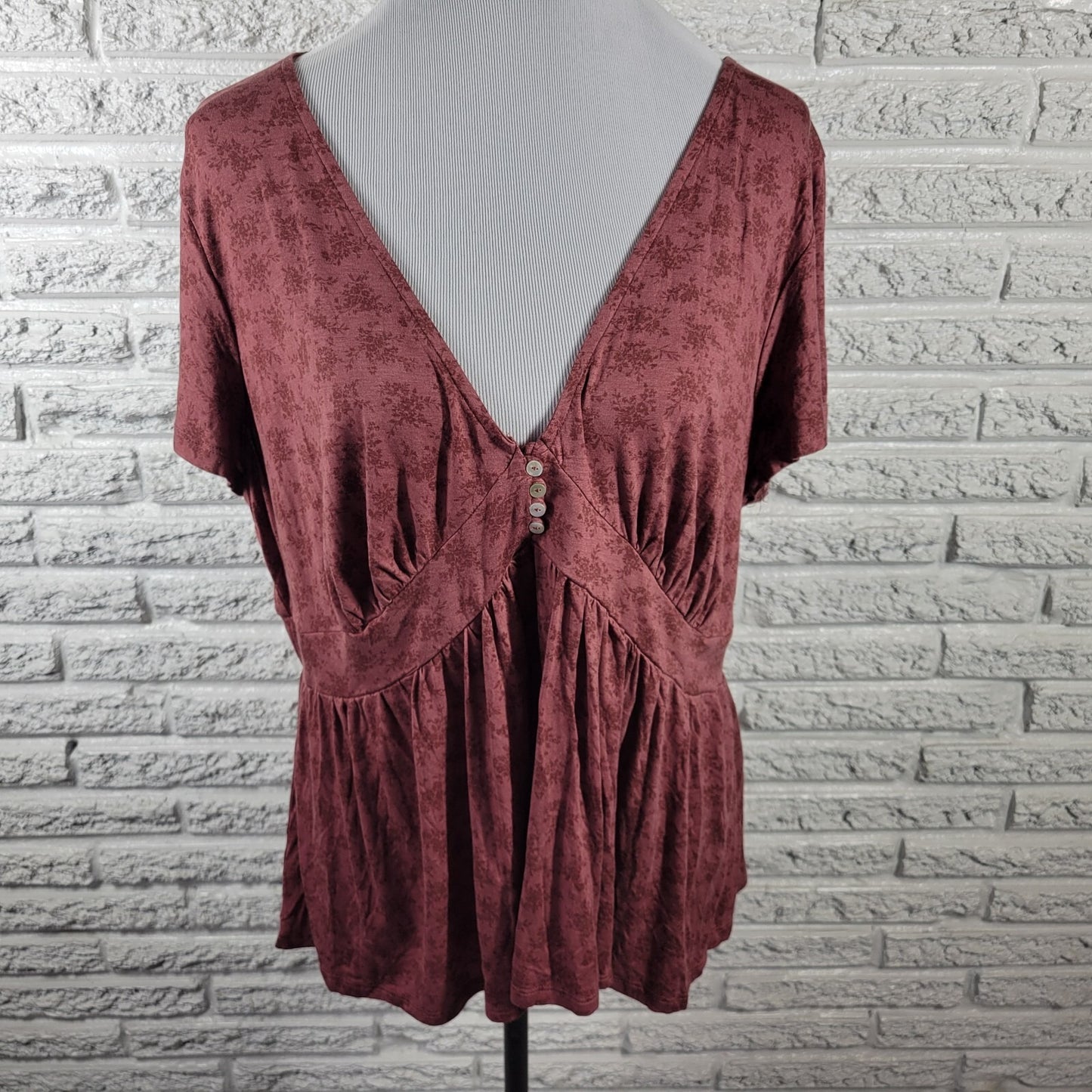 Mason Belle Womens Top XXL Baby Doll Cap Sleeve Brown Lightweight Quarter Button