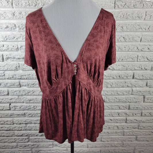 Mason Belle Womens Top XXL Baby Doll Cap Sleeve Brown Lightweight Quarter Button