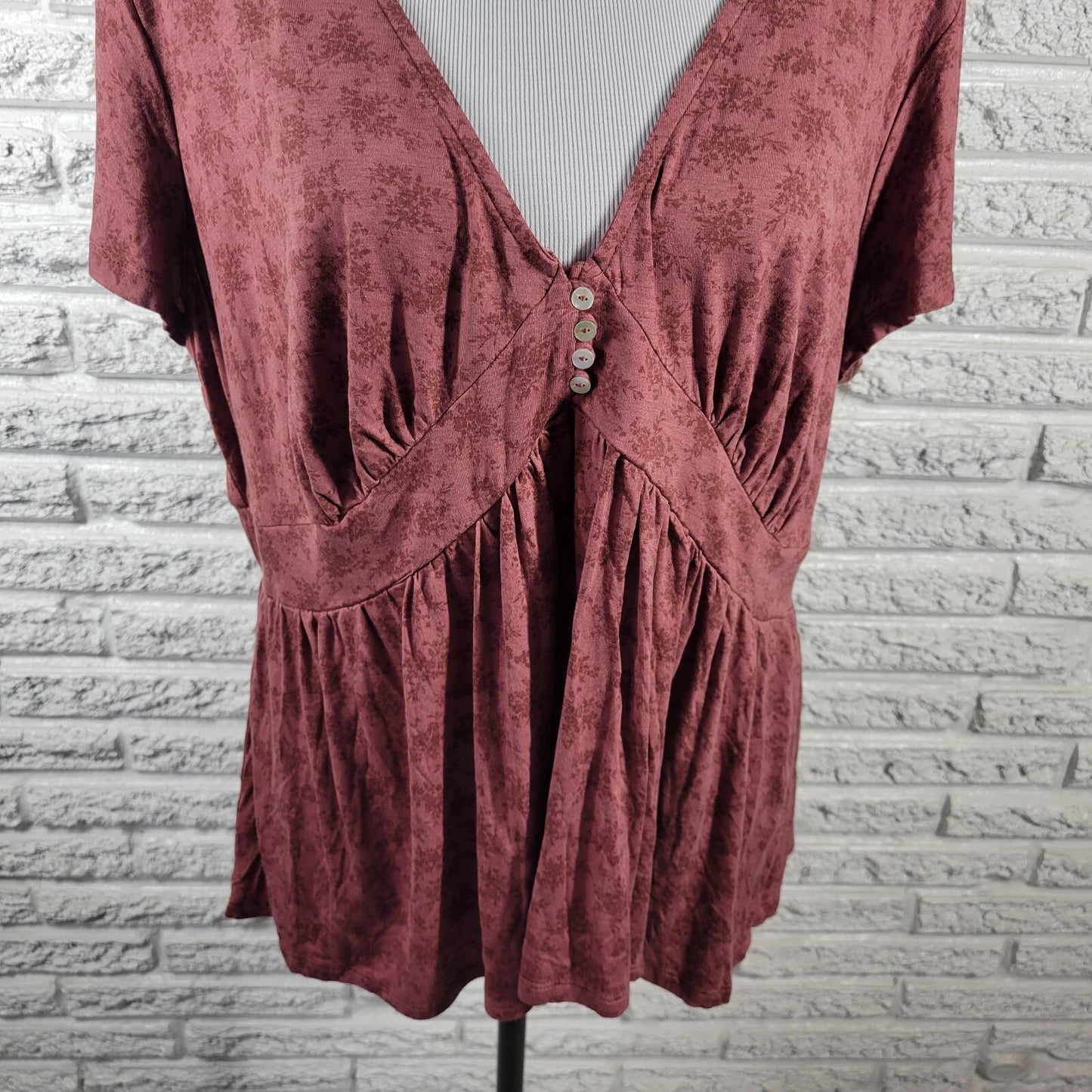 Mason Belle Womens Top XXL Baby Doll Cap Sleeve Brown Lightweight Quarter Button