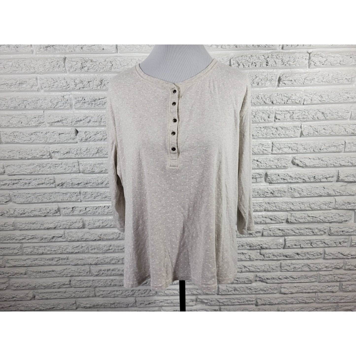 Chaps Womens Top 1X Plus 3/4 Sleeve Gray Polka Dot Quarter Button Cotton Casual