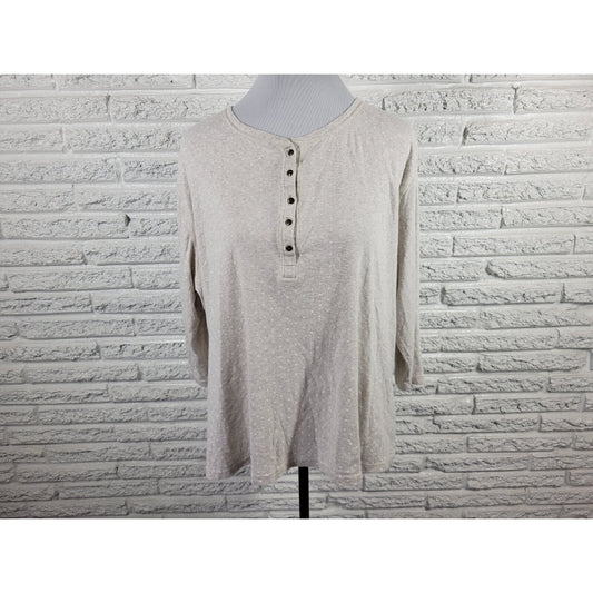 Chaps Womens Top 1X Plus 3/4 Sleeve Gray Polka Dot Quarter Button Cotton Casual