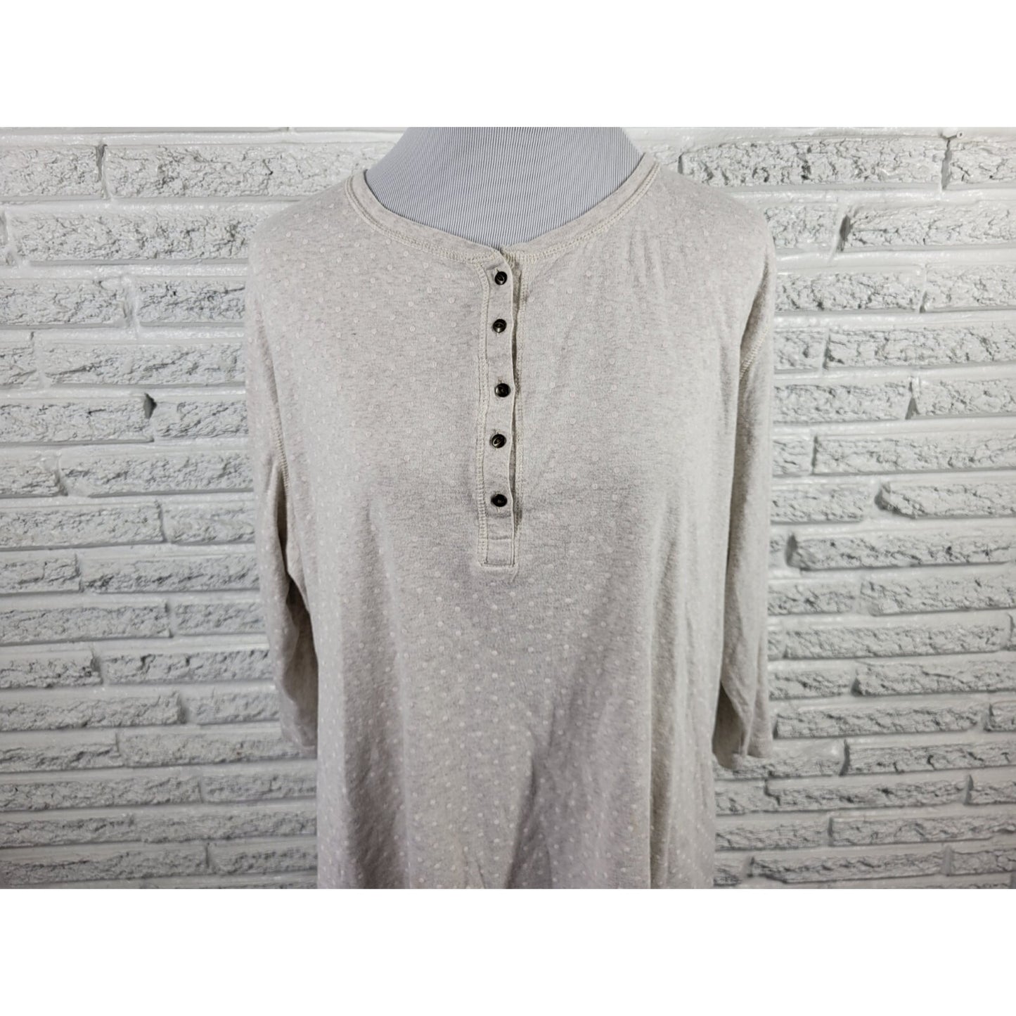 Chaps Womens Top 1X Plus 3/4 Sleeve Gray Polka Dot Quarter Button Cotton Casual