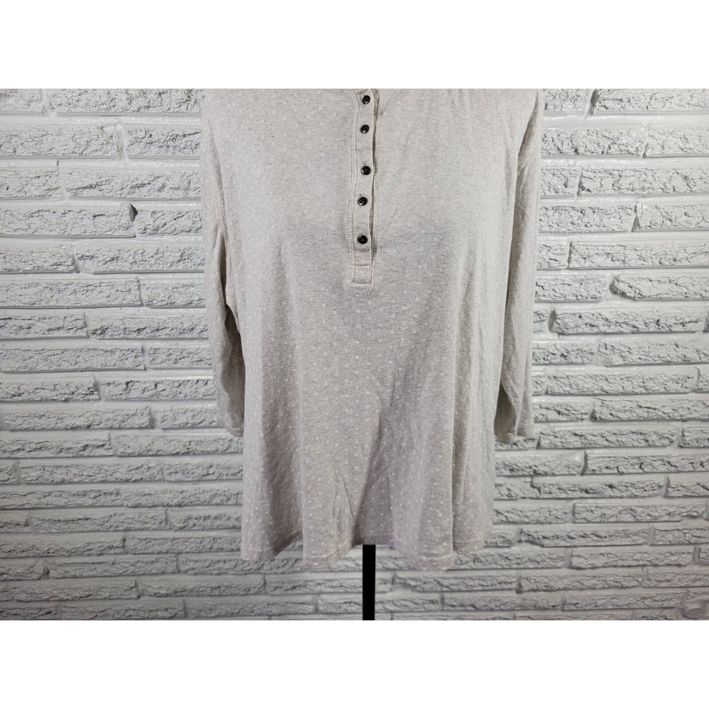 Chaps Womens Top 1X Plus 3/4 Sleeve Gray Polka Dot Quarter Button Cotton Casual