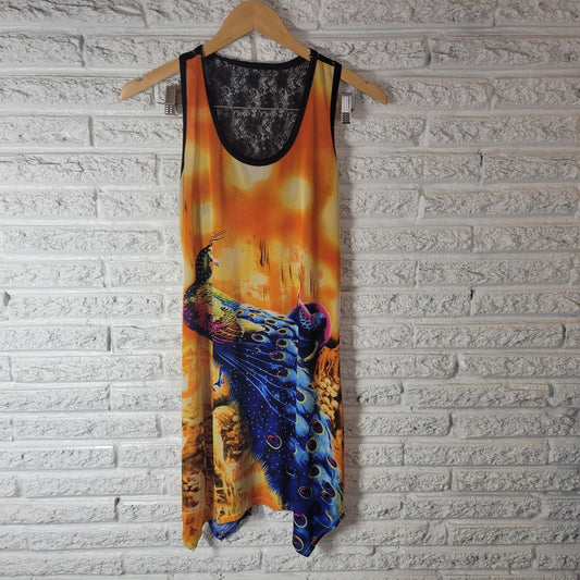 Womens Top XL Tank Tunic Lace Racerback Peacocks Handkerchief Hem Rhinestones