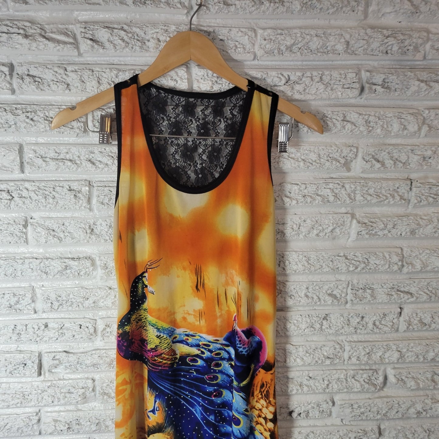 Womens Top XL Tank Tunic Lace Racerback Peacocks Handkerchief Hem Rhinestones