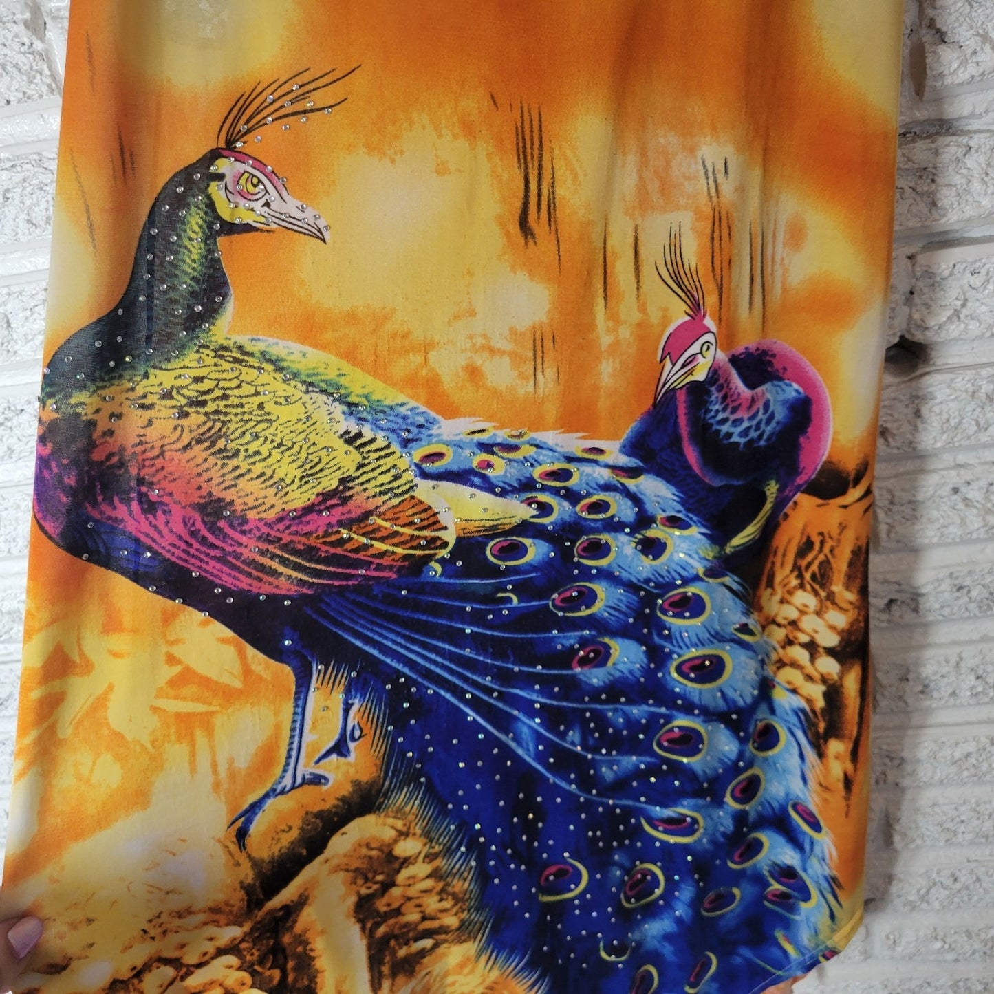 Womens Top XL Tank Tunic Lace Racerback Peacocks Handkerchief Hem Rhinestones