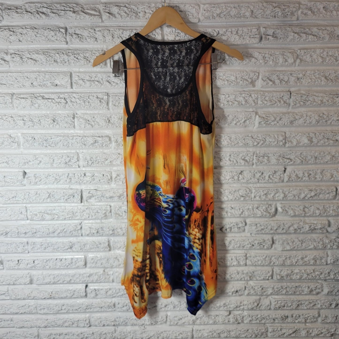 Womens Top XL Tank Tunic Lace Racerback Peacocks Handkerchief Hem Rhinestones