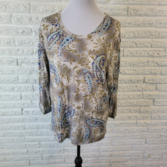 Caribbean Joe Womens Top Extra Large XL 3/4 Sleeve Blue Green Paisley Comfy