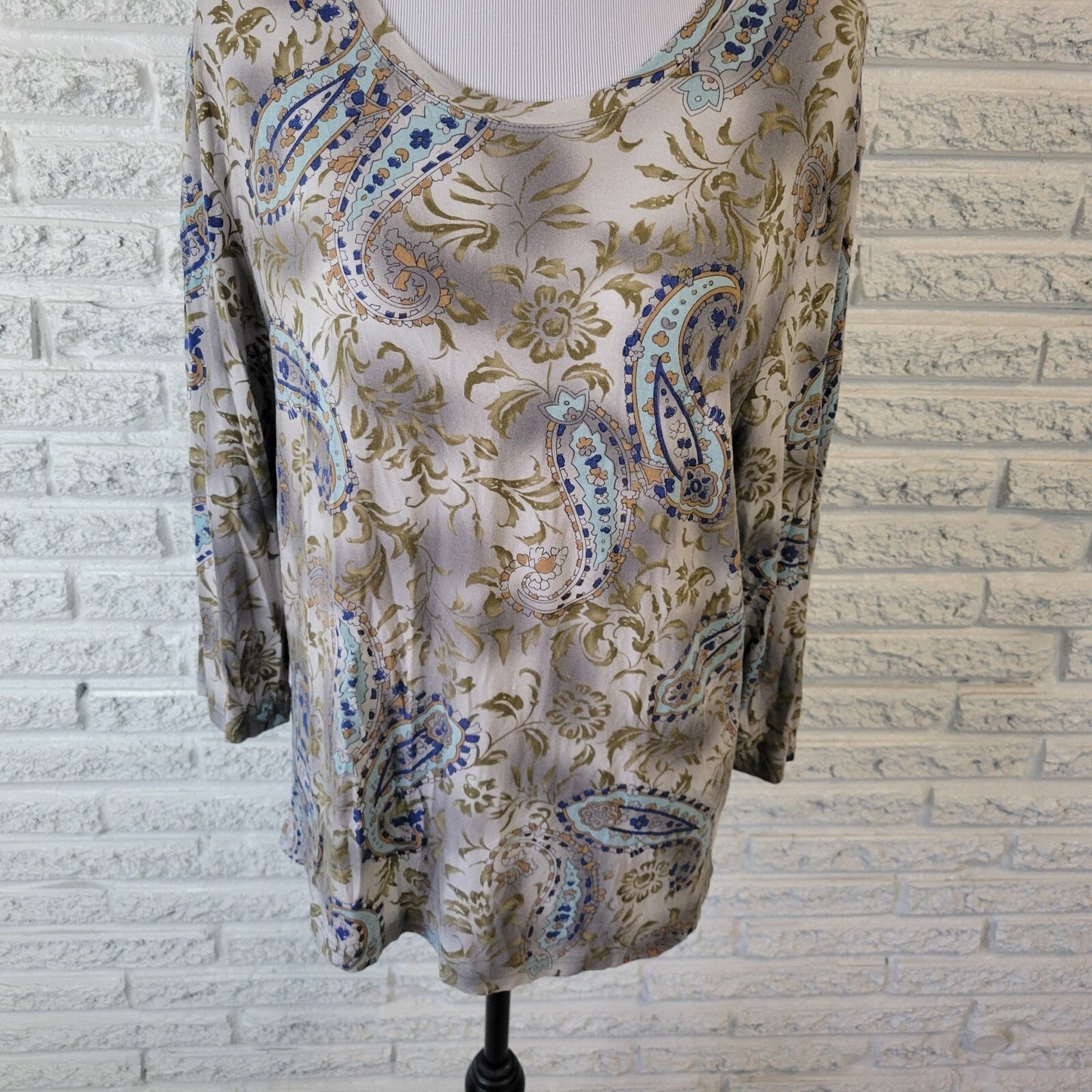 Caribbean Joe Womens Top Extra Large XL 3/4 Sleeve Blue Green Paisley Comfy