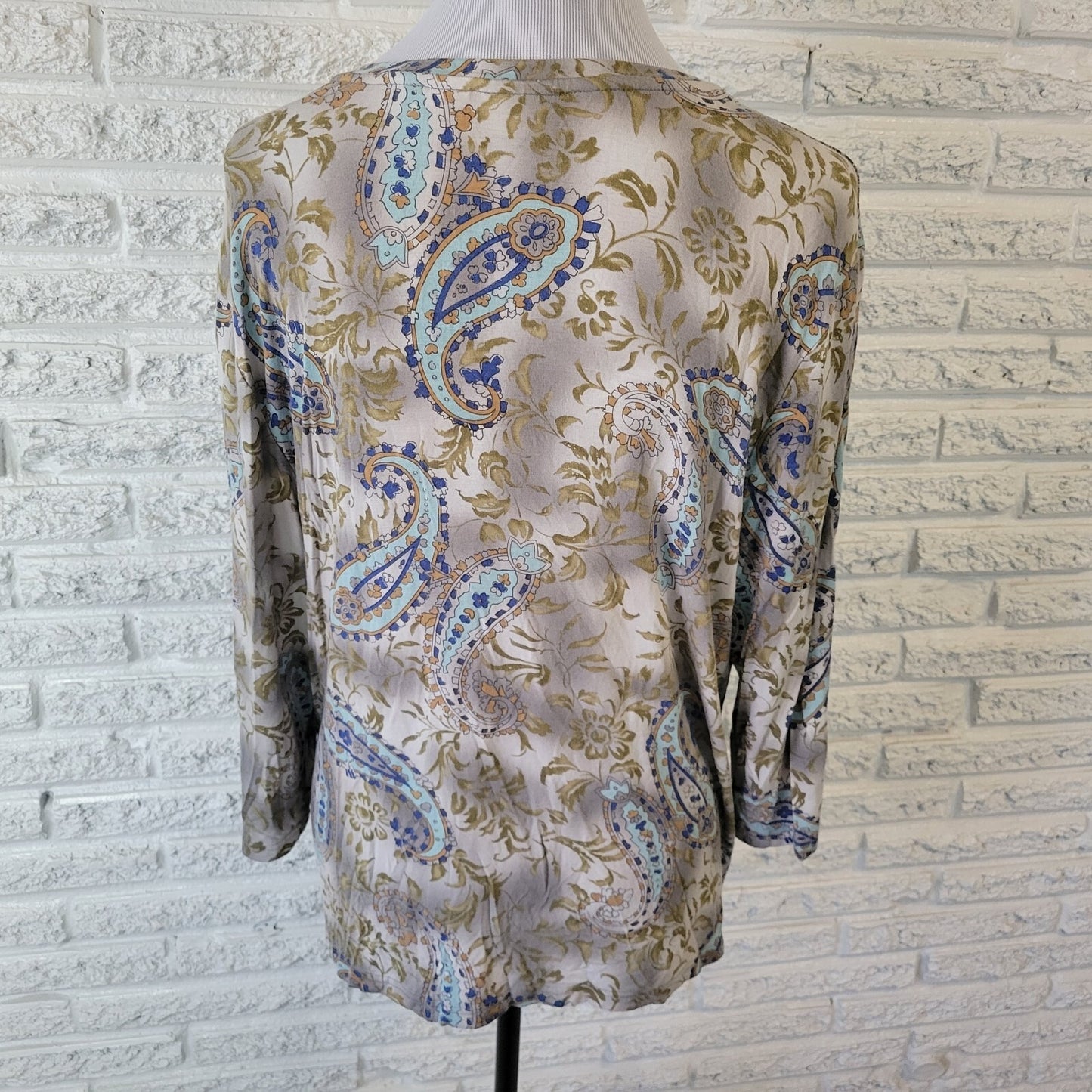 Caribbean Joe Womens Top Extra Large XL 3/4 Sleeve Blue Green Paisley Comfy