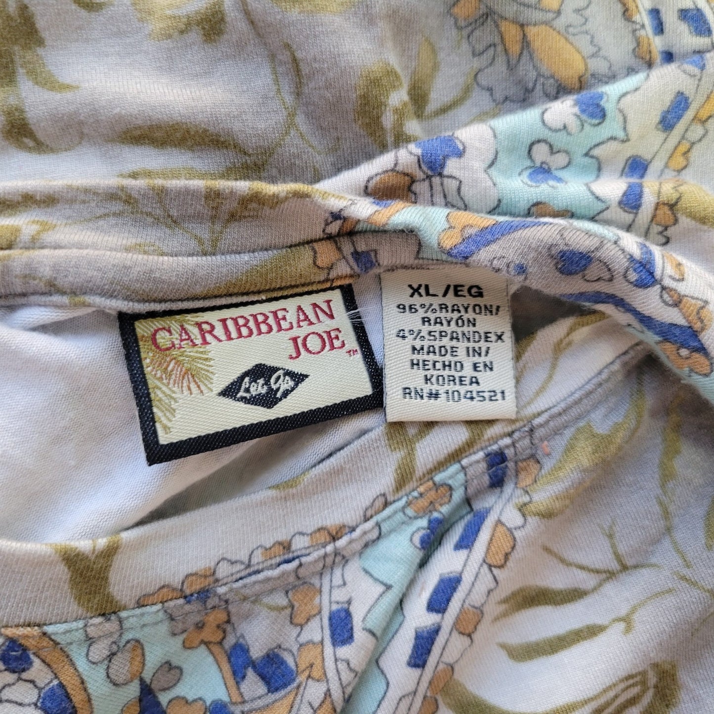 Caribbean Joe Womens Top Extra Large XL 3/4 Sleeve Blue Green Paisley Comfy