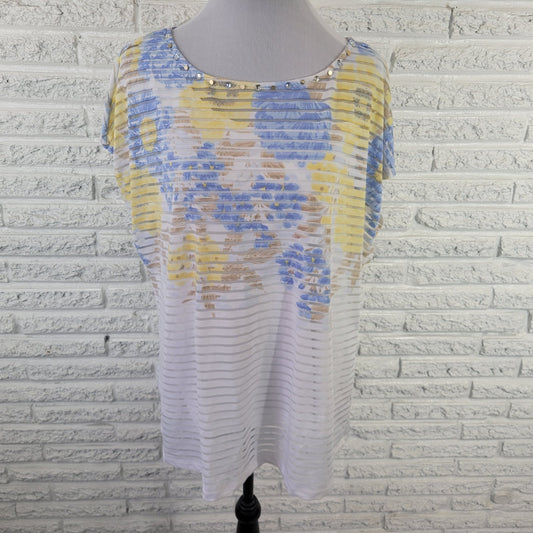 Hearts of Palm Women Top 1X Plus Tee Mesh Blue Floral Sheer with Tank Poly Blend