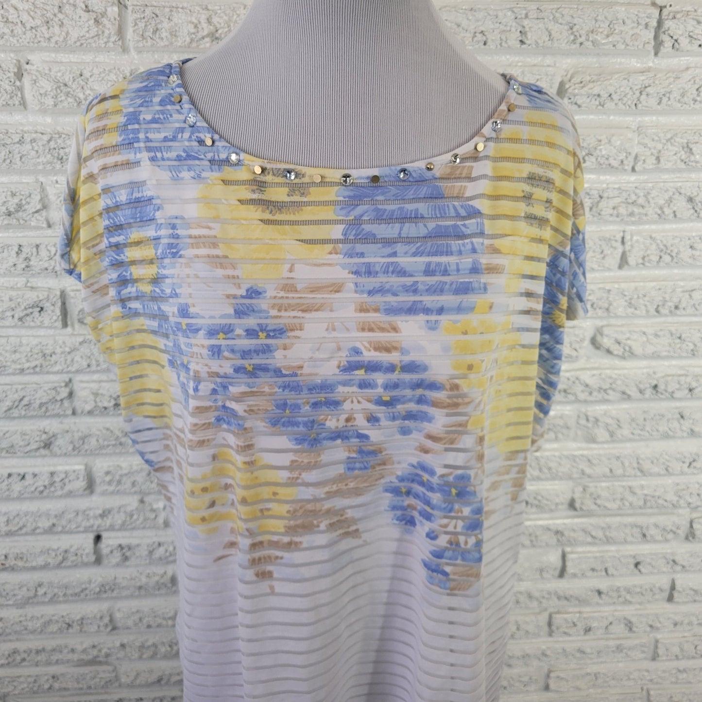 Hearts of Palm Women Top 1X Plus Tee Mesh Blue Floral Sheer with Tank Poly Blend