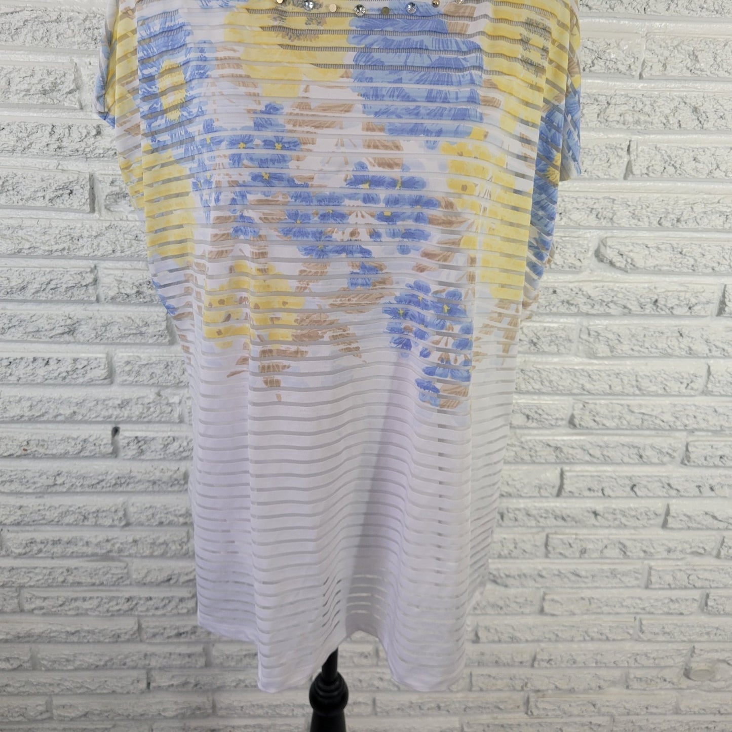 Hearts of Palm Women Top 1X Plus Tee Mesh Blue Floral Sheer with Tank Poly Blend