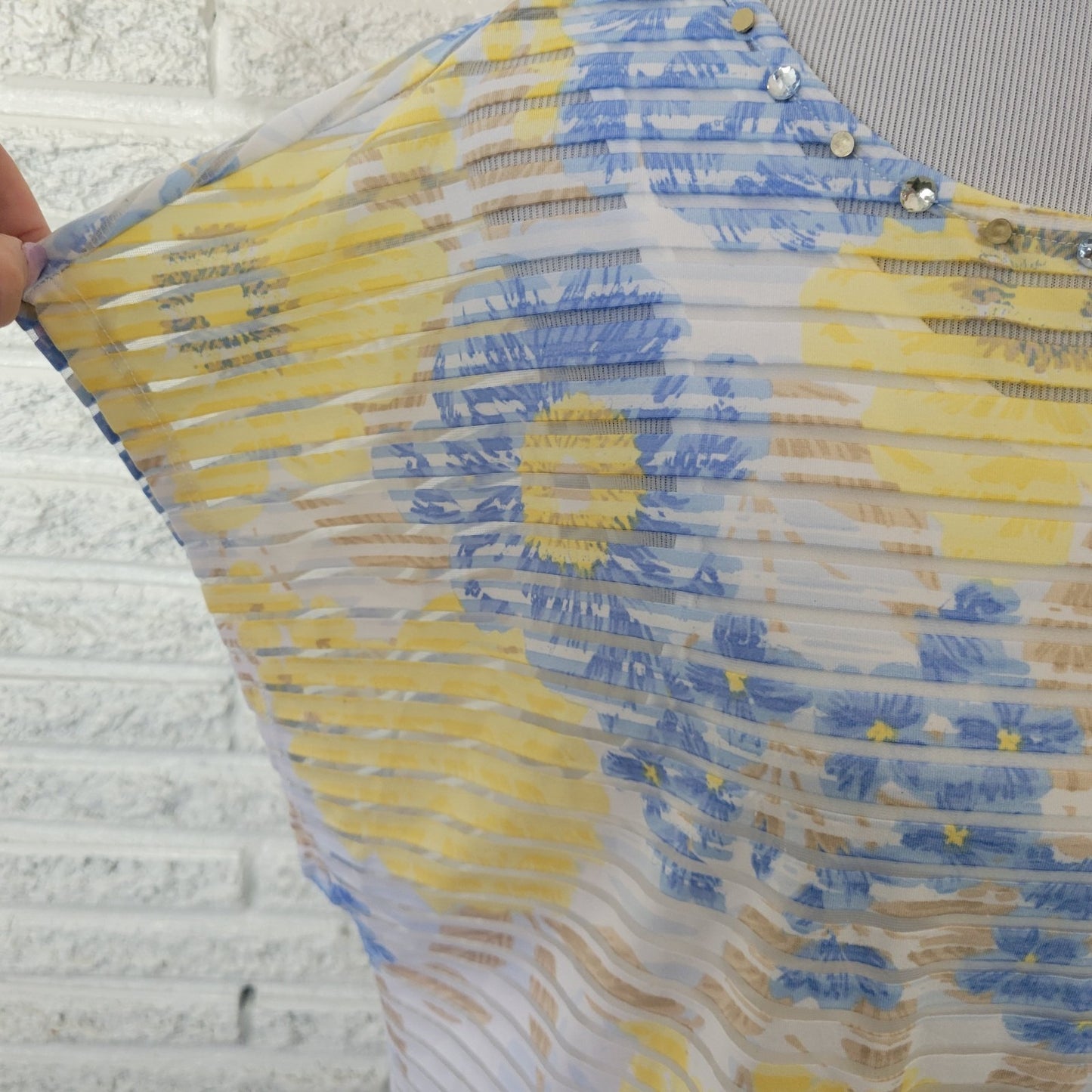 Hearts of Palm Women Top 1X Plus Tee Mesh Blue Floral Sheer with Tank Poly Blend