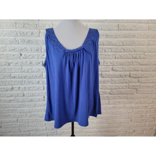 Basic Editions Womens Top 2X Tank Blue Grommets Cotton Bend Basic Casual