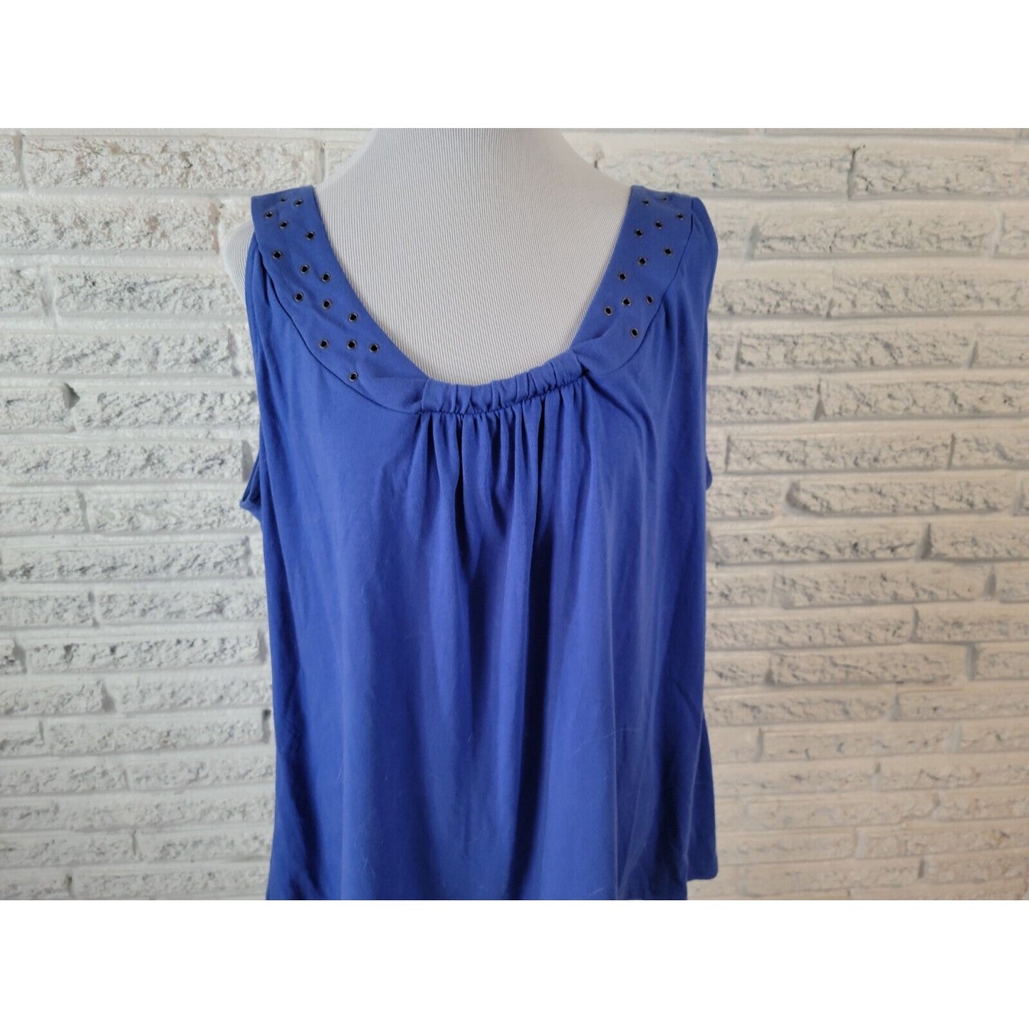 Basic Editions Womens Top 2X Tank Blue Grommets Cotton Bend Basic Casual