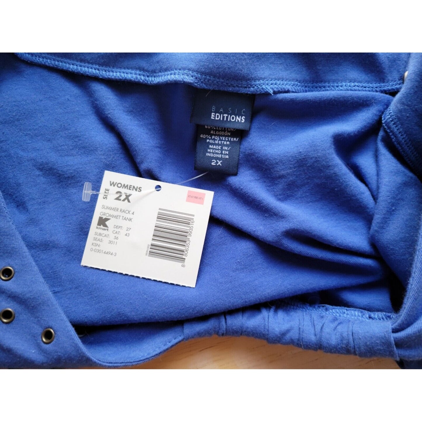 Basic Editions Womens Top 2X Tank Blue Grommets Cotton Bend Basic Casual