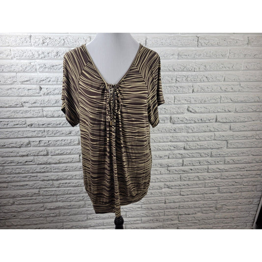 Michael Kors Womens Top 2X Plus Short Sleeve Brown Stripe Keyhole Casual Comfy