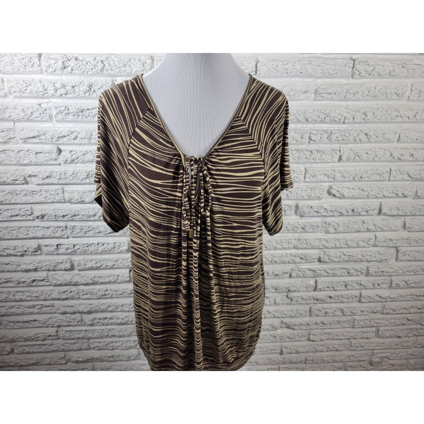 Michael Kors Womens Top 2X Plus Short Sleeve Brown Stripe Keyhole Casual Comfy