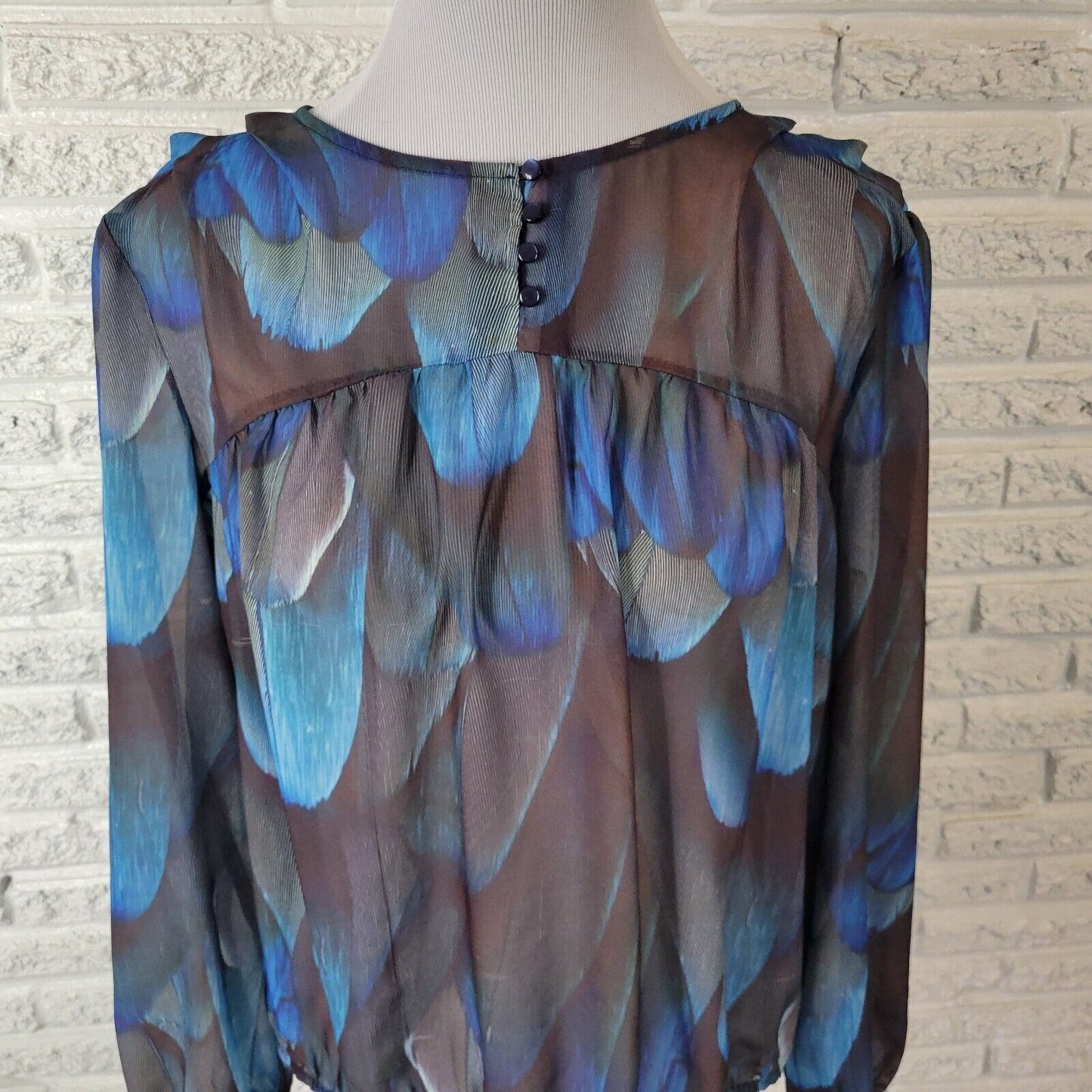 Ana Womens Top PXL Petite Quarter Button Blue Watercolor Lightweight Sheer