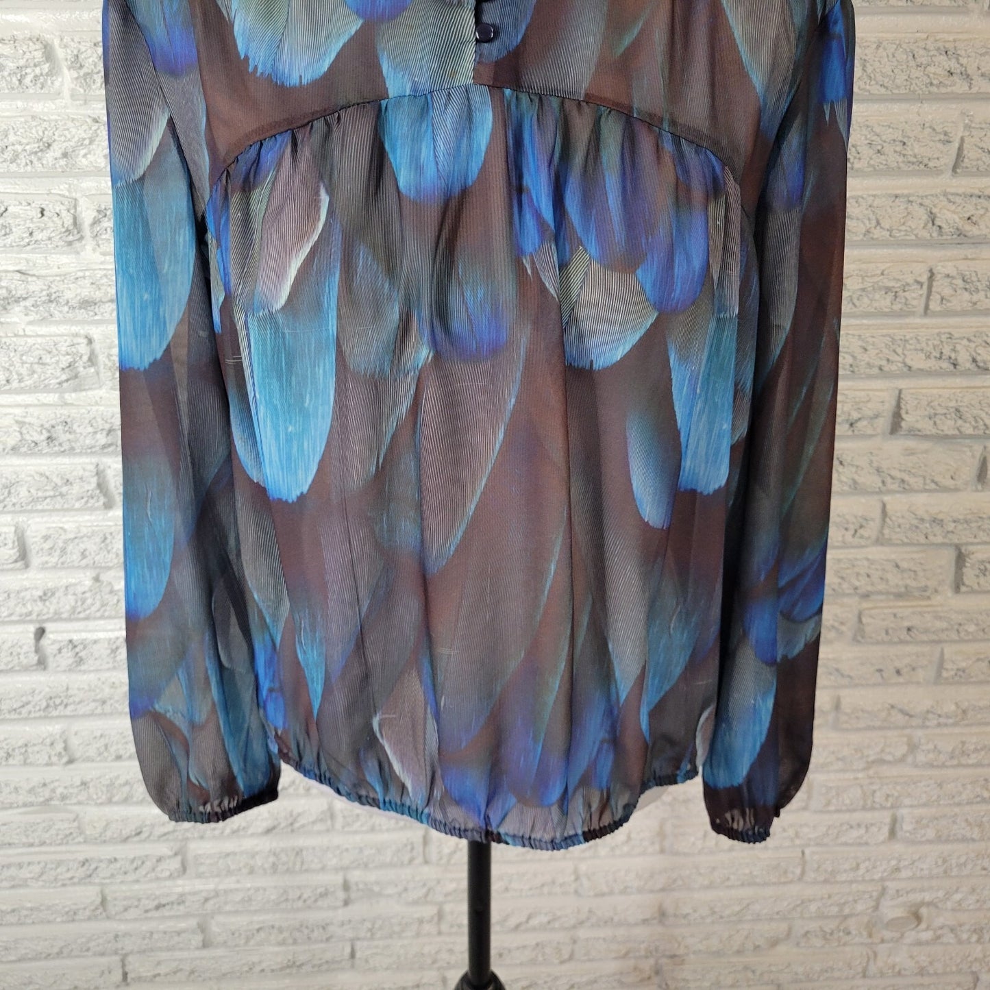 Ana Womens Top PXL Petite Quarter Button Blue Watercolor Lightweight Sheer