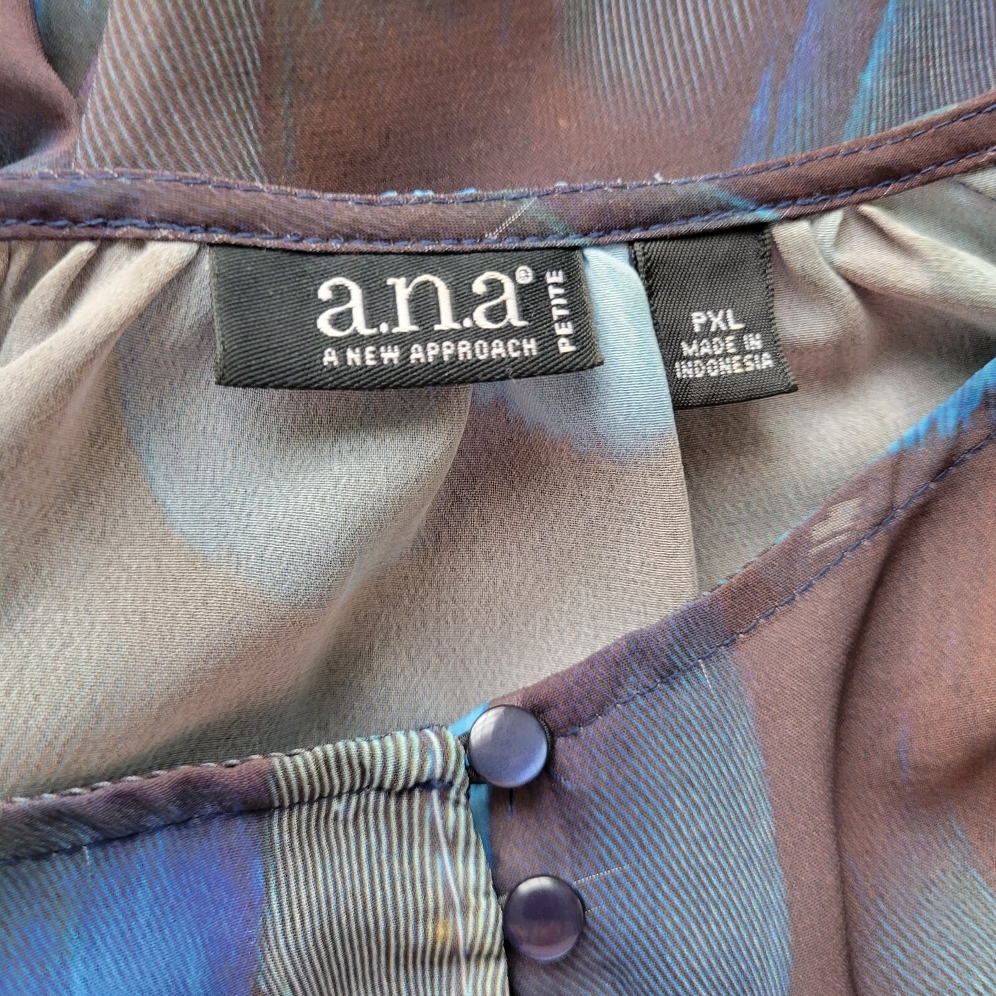 Ana Womens Top PXL Petite Quarter Button Blue Watercolor Lightweight Sheer