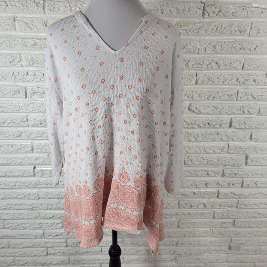 Blue Mountain Women's Plus Size 2X Top Orange Geometric V-Neck 3/4 Sleeve