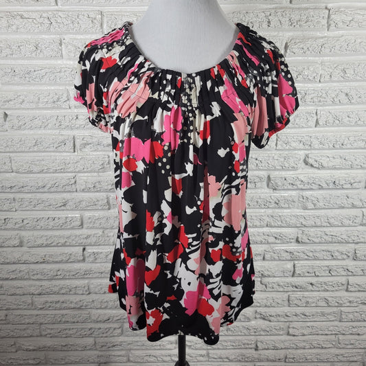 STYLE & CO Womens XL Blouse Pink Black Watercolor Pleated Short Sleeve Pullover
