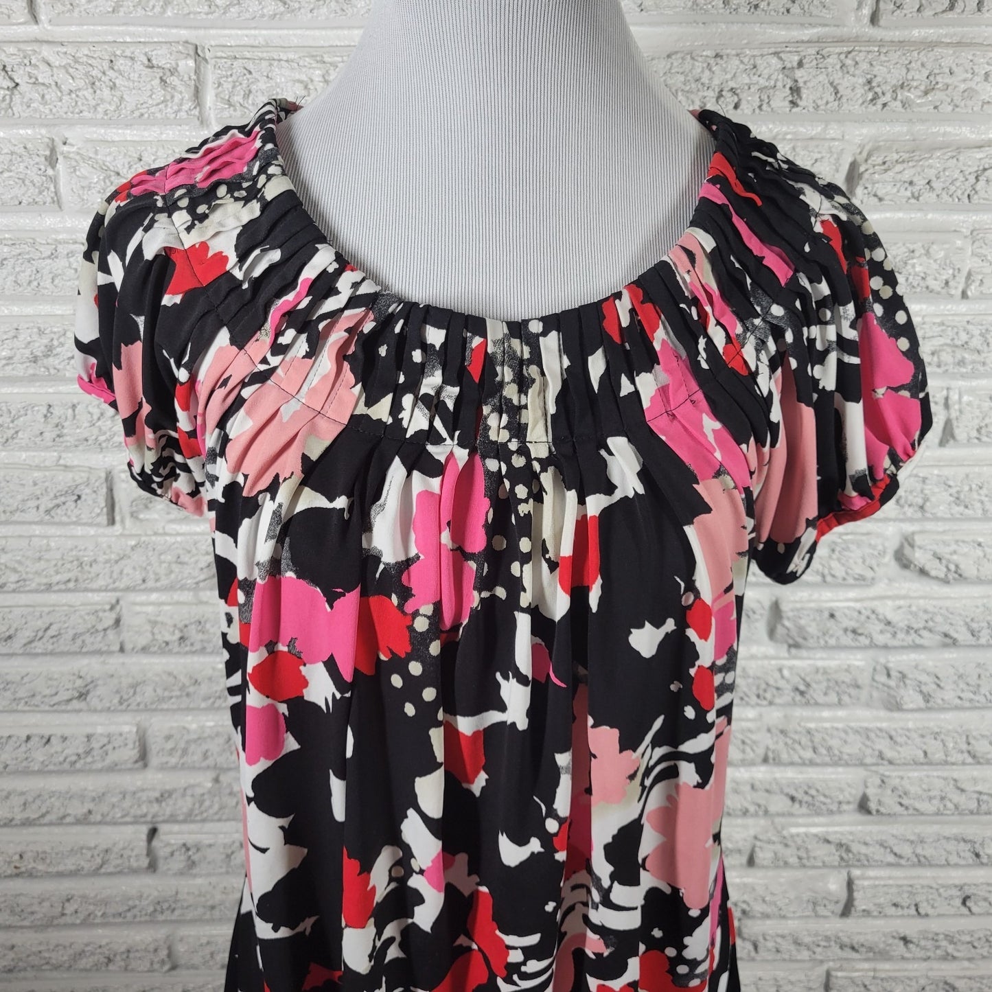 STYLE & CO Womens XL Blouse Pink Black Watercolor Pleated Short Sleeve Pullover