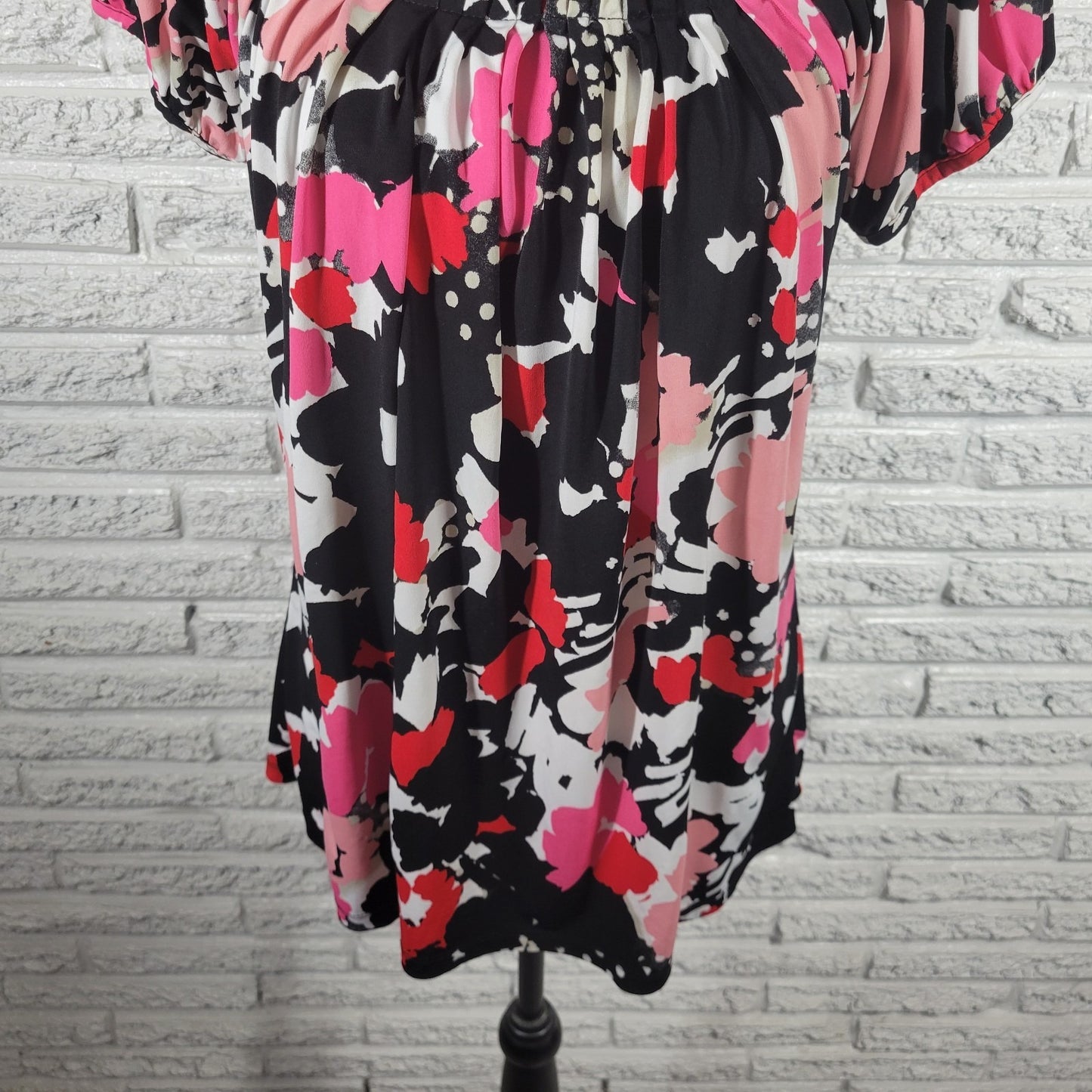 STYLE & CO Womens XL Blouse Pink Black Watercolor Pleated Short Sleeve Pullover
