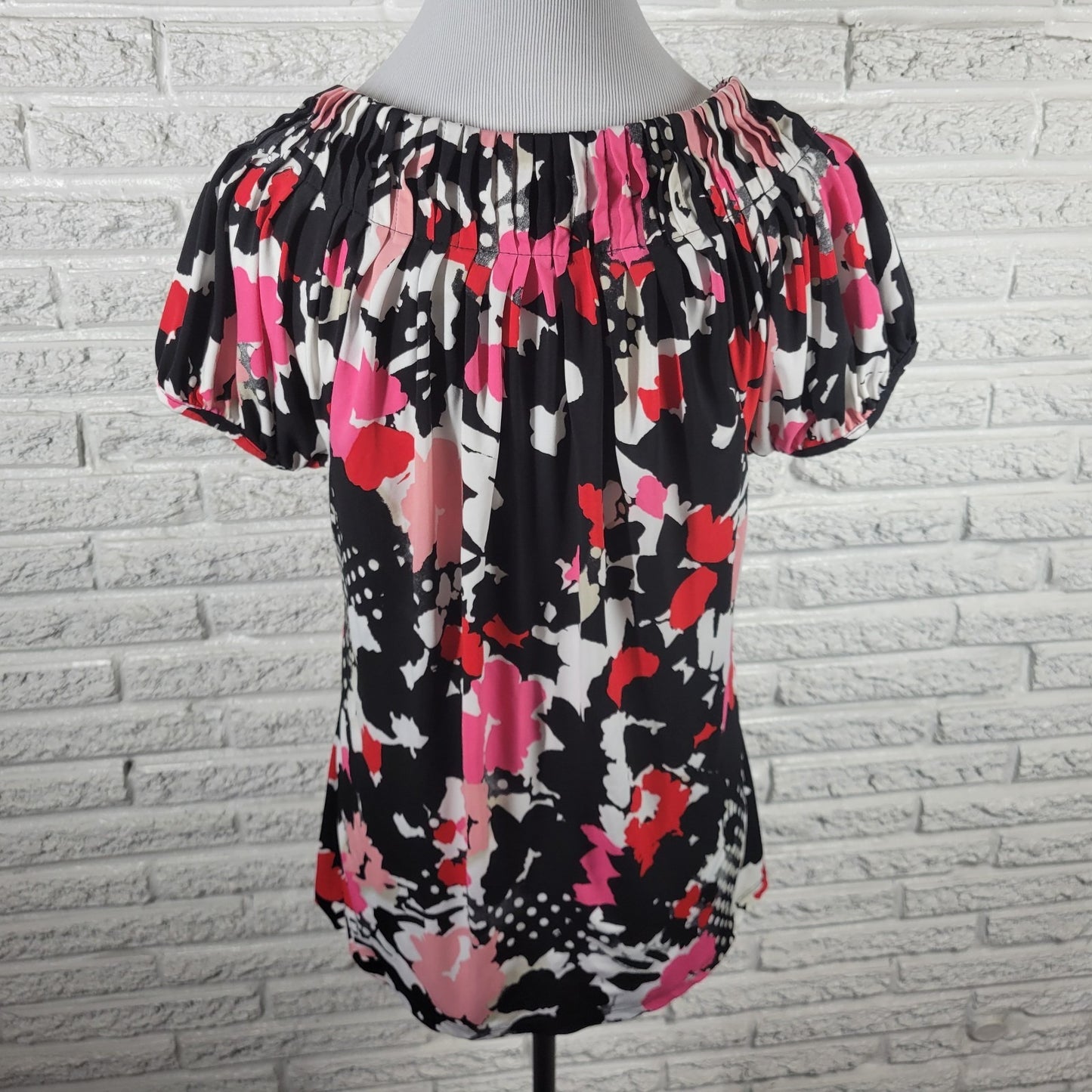 STYLE & CO Womens XL Blouse Pink Black Watercolor Pleated Short Sleeve Pullover