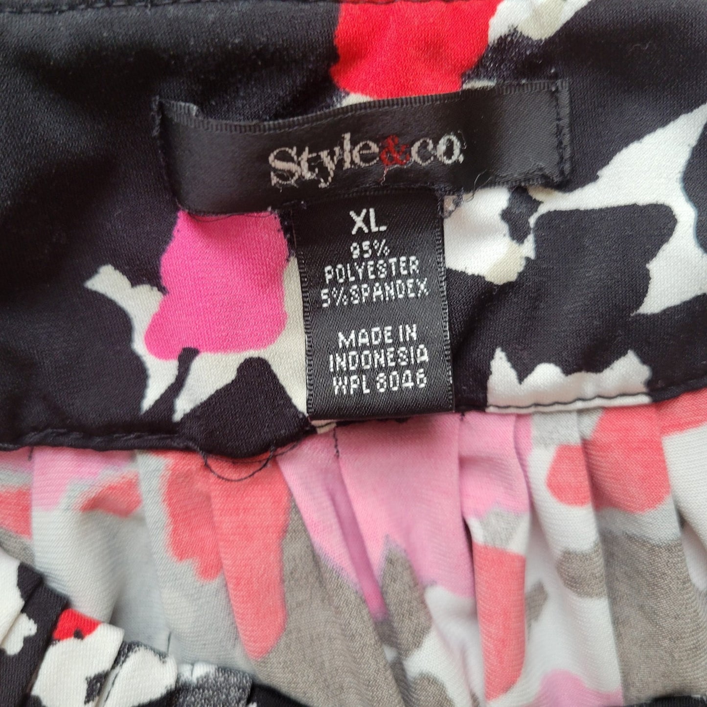 STYLE & CO Womens XL Blouse Pink Black Watercolor Pleated Short Sleeve Pullover