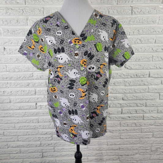 Halloween Cassandra O Unisex Scrub Top XL Gray Lightweight Frankenstein Ghost